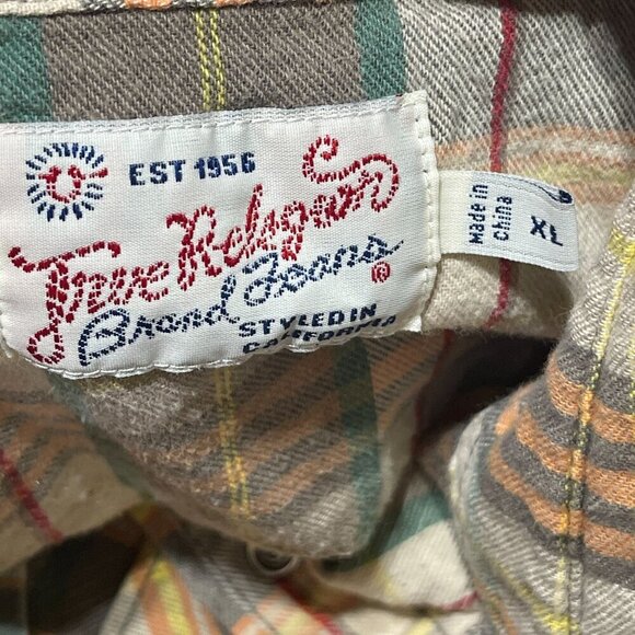 True Religion Men's Pearl Snap Shirt Flannel Cotton Orange Tan XL Extra Large ST - Picture 5 of 9